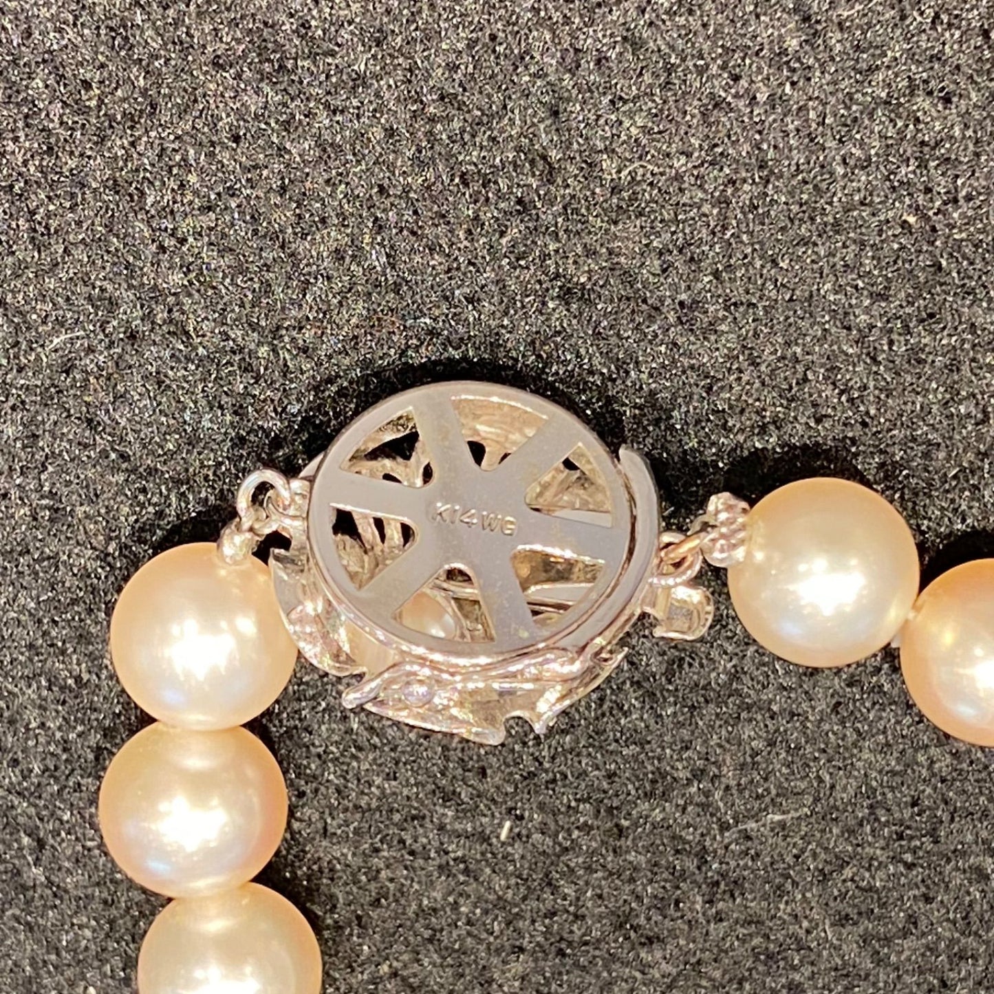 Honma Akoya Pearl Necklace with 7.9mm bright glossy pearls set in K14 white gold with engraved design