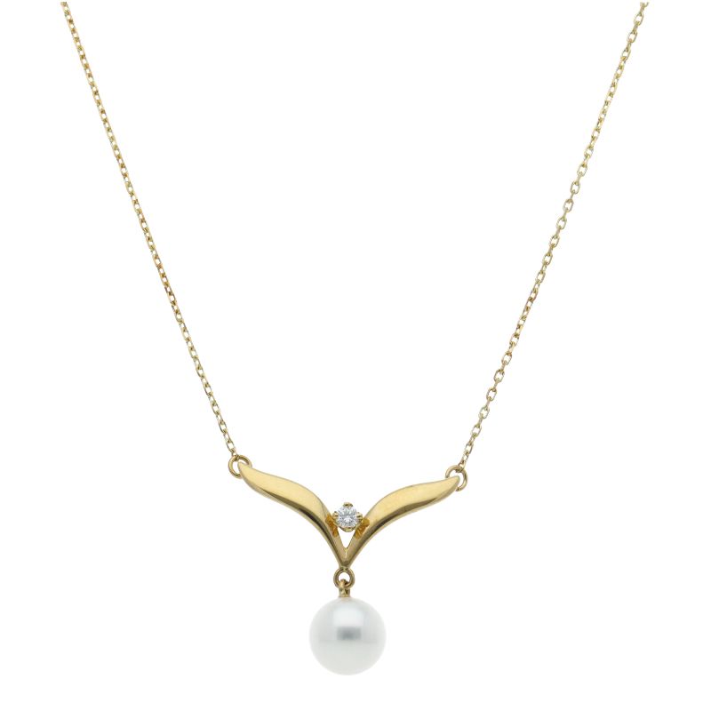 Mikimoto Pearl Diamond Necklace with about 7.0mm pearl and 42cm yellow gold chain