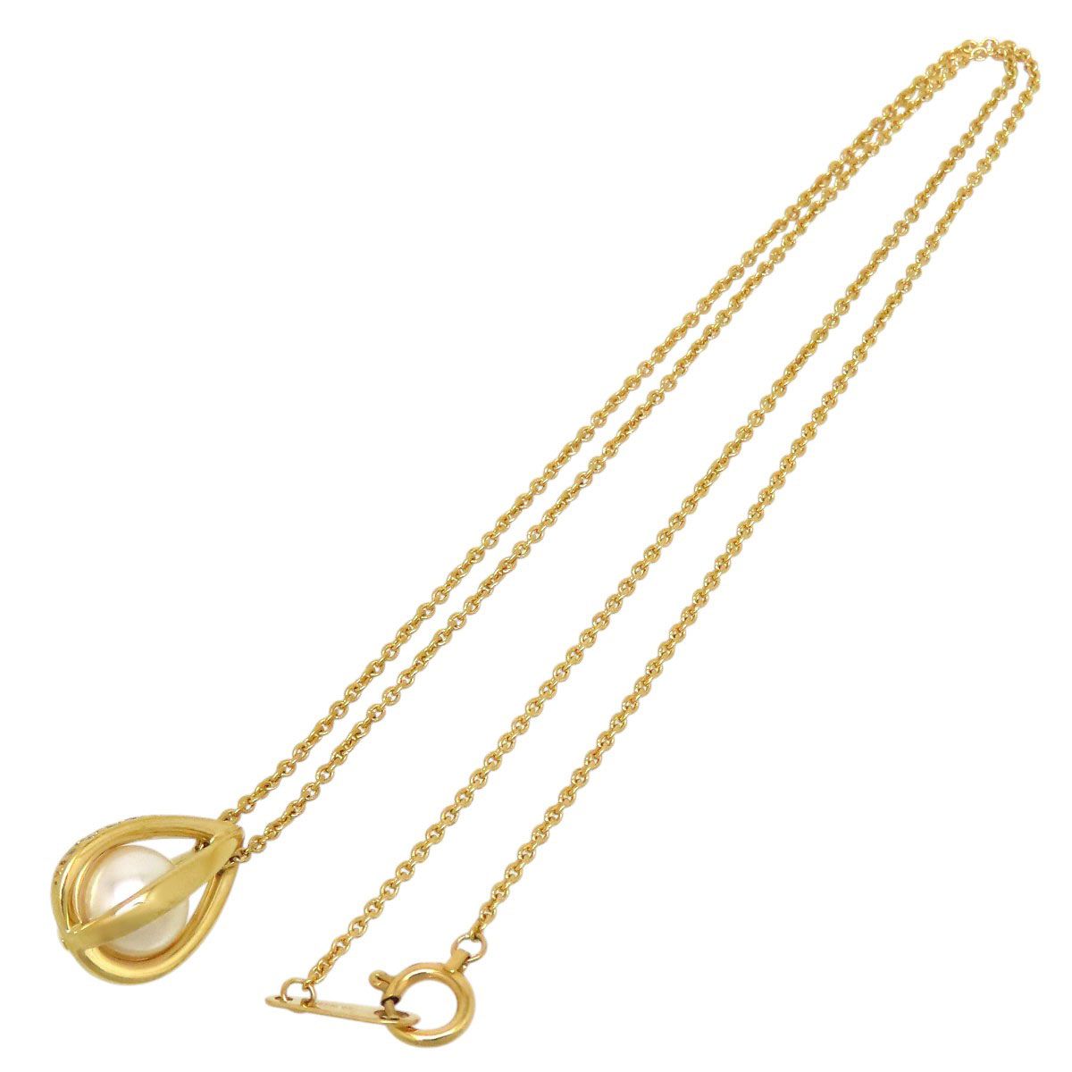 Mikimoto Akoya pearl teardrop diamond necklace with 40cm chain and 7.1mm pearl diameter displayed