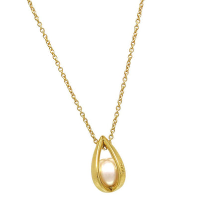 Mikimoto Akoya pearl teardrop diamond necklace with 40cm chain and 7.1mm pearl diameter displayed