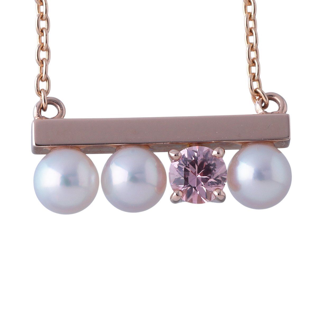 Tasaki Petit Balance Solo Necklace with 3 Akoya pearls and pink sapphire pendant on 45cm gold chain