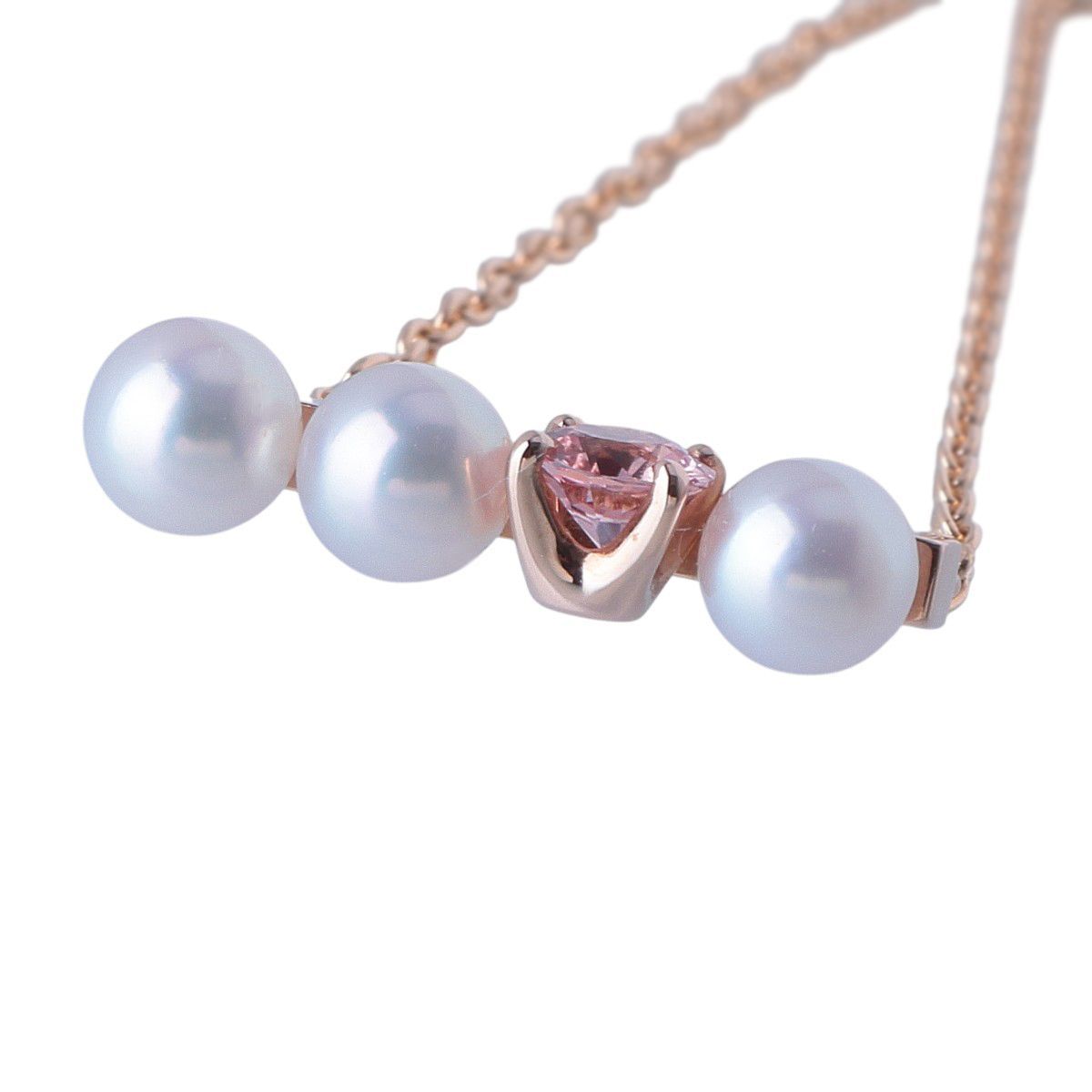Tasaki Petit Balance Solo Necklace with 3 Akoya pearls and pink sapphire pendant on 45cm gold chain