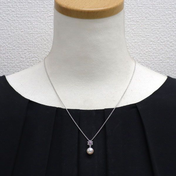 Mikimoto K18WG pendant necklace with 8.2mm Akoya pearl, pink sapphire, diamonds, and 45cm white gold chain