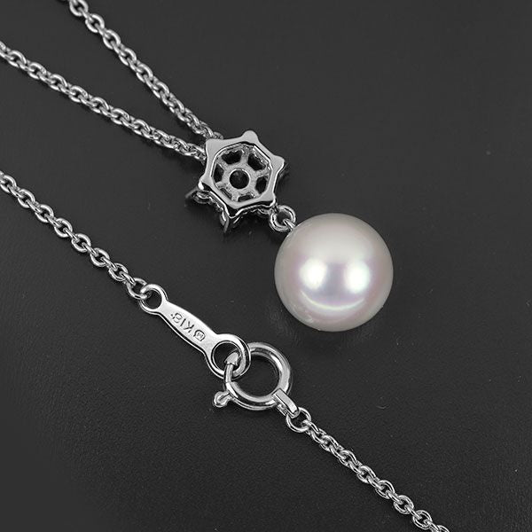Mikimoto K18WG pendant necklace with 8.2mm Akoya pearl, pink sapphire, diamonds, and 45cm white gold chain