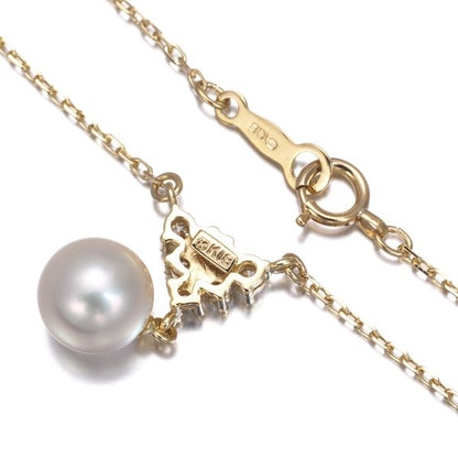 Mikimoto necklace featuring a 7.6mm Akoya pearl pendant with diamond accents set in 18K yellow gold on a 39cm chain