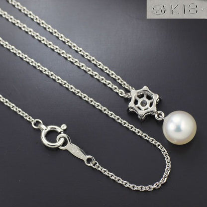 Mikimoto K18WG Akoya pearl pendant necklace with 6.7mm white pinkish pearl and diamond on white gold chain