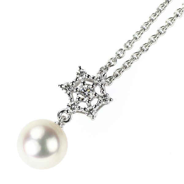 Mikimoto K18WG Akoya pearl pendant necklace with 6.7mm white pinkish pearl and diamond on white gold chain