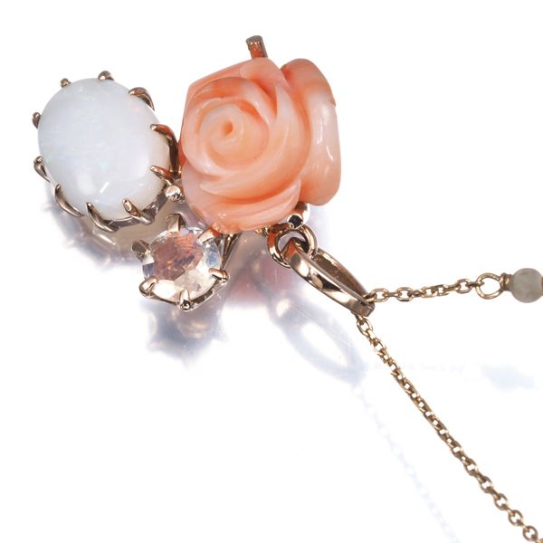 Agete agate necklace featuring coral, opal, and moonstone on 10 karat pink gold chain, size 40-45 cm