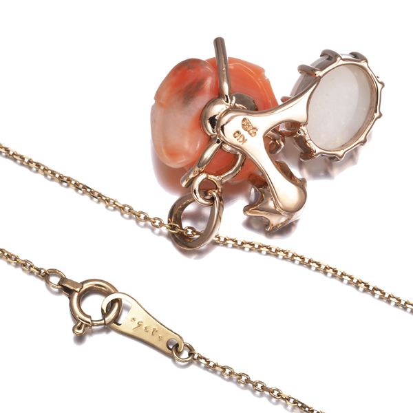 Agete agate necklace featuring coral, opal, and moonstone on 10 karat pink gold chain, size 40-45 cm