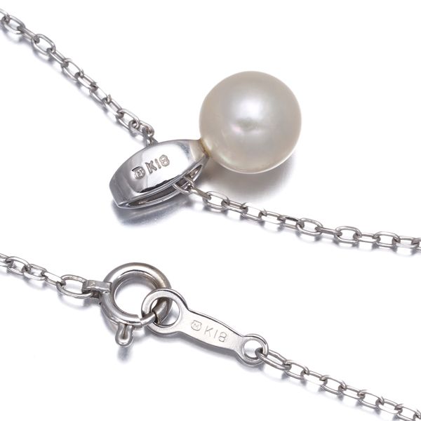Mikimoto pearl necklace with 7.1mm pearl and diamond pendant set in 18K white gold on 40cm chain