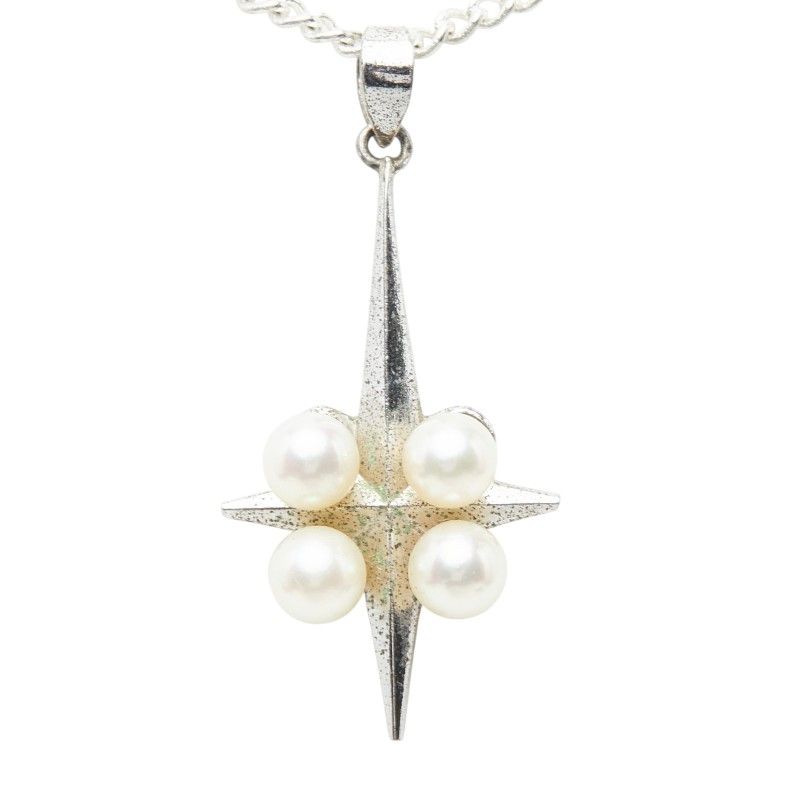 Mikimoto Cross Cross pendant necklace made of SV925 silver with a pearl, showing 45.3cm chain length and detailed pendant