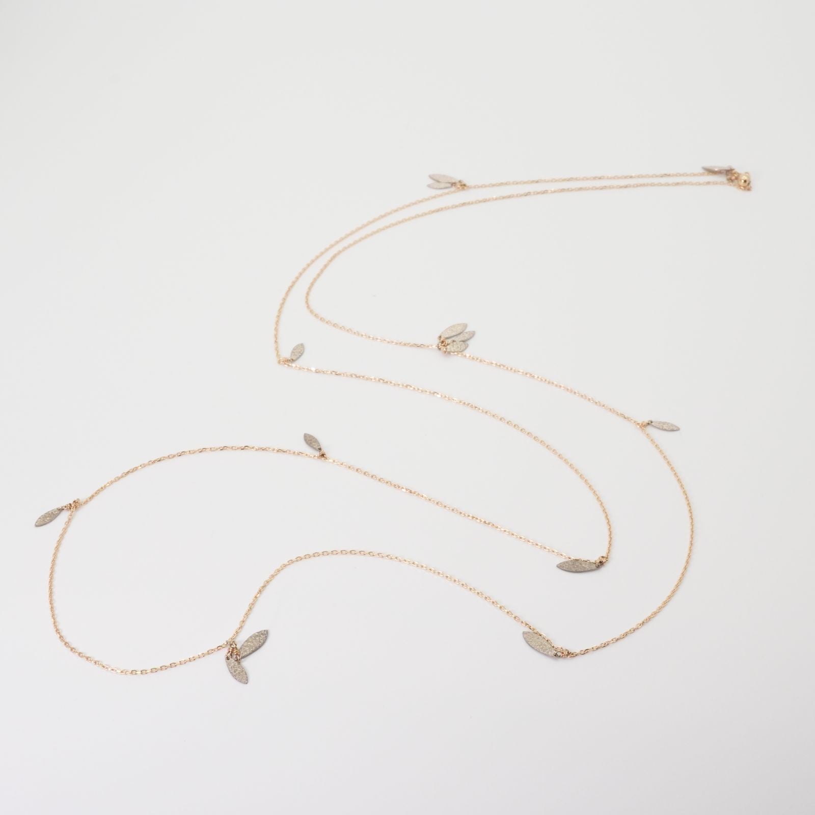 Agate Leaf Combined Long Necklace crafted from K10 gold and silver shown on white background
