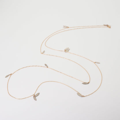 Agate Leaf Combined Long Necklace crafted from K10 gold and silver shown on white background