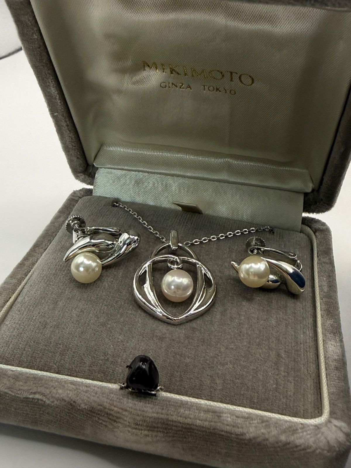 Used Mikimoto Akoya pearl necklace and matching earrings set in sterling silver with M within M logo