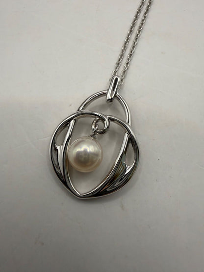 Used Mikimoto Akoya pearl necklace and matching earrings set in sterling silver with M within M logo