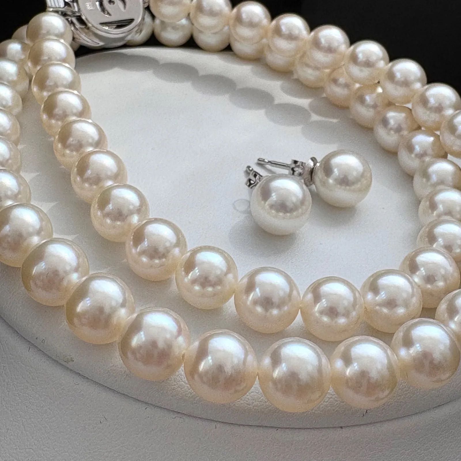 Tasaki Akoya pearl necklace and earrings set with swan charm and certificate