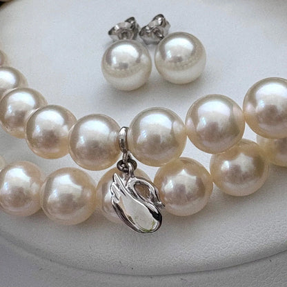 Tasaki Akoya pearl necklace and earrings set with swan charm and certificate