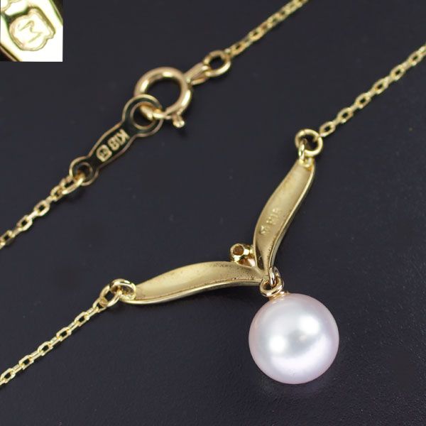 Mikimoto K18YG Akoya pearl diamond pendant necklace with 7.2mm pearl and 42cm gold chain