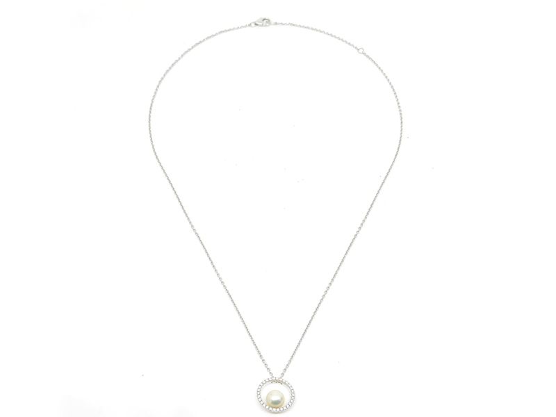 MIKIMOTO diamond necklace with 7mm Akoya pearl in 18k white gold, 45cm length, used condition