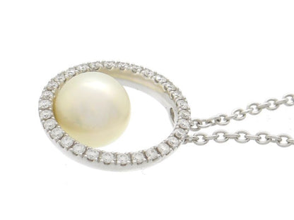 MIKIMOTO diamond necklace with 7mm Akoya pearl in 18k white gold, 45cm length, used condition