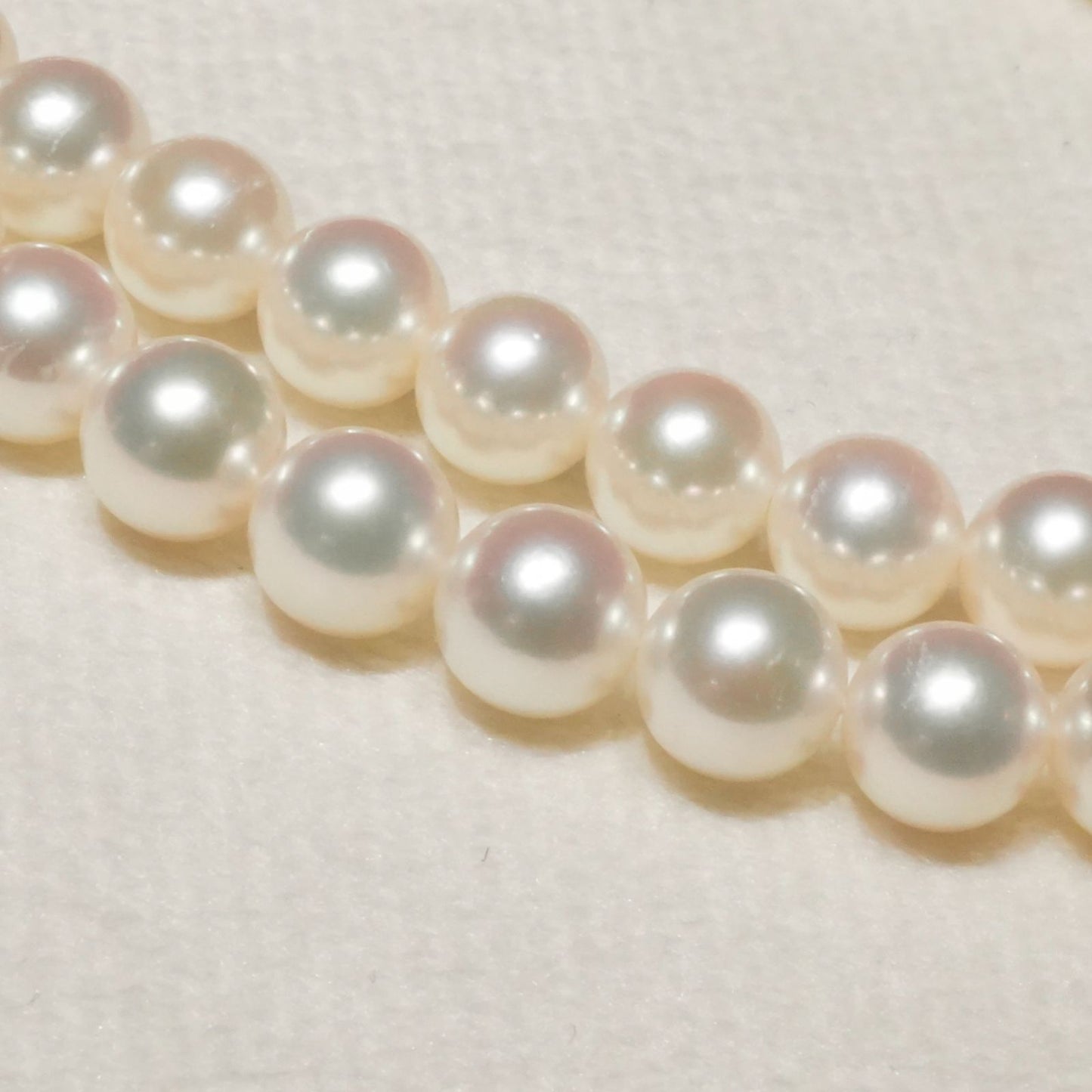 Mikimoto Akoya pearl necklace with 6.4mm pearls and silver current clasp on white background