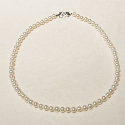 Mikimoto Akoya pearl necklace with 6.4mm pearls and silver current clasp on white background