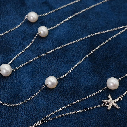Rare Agete K10 white gold long pearl necklace with a 0.01ct diamond, approximately 100cm in length