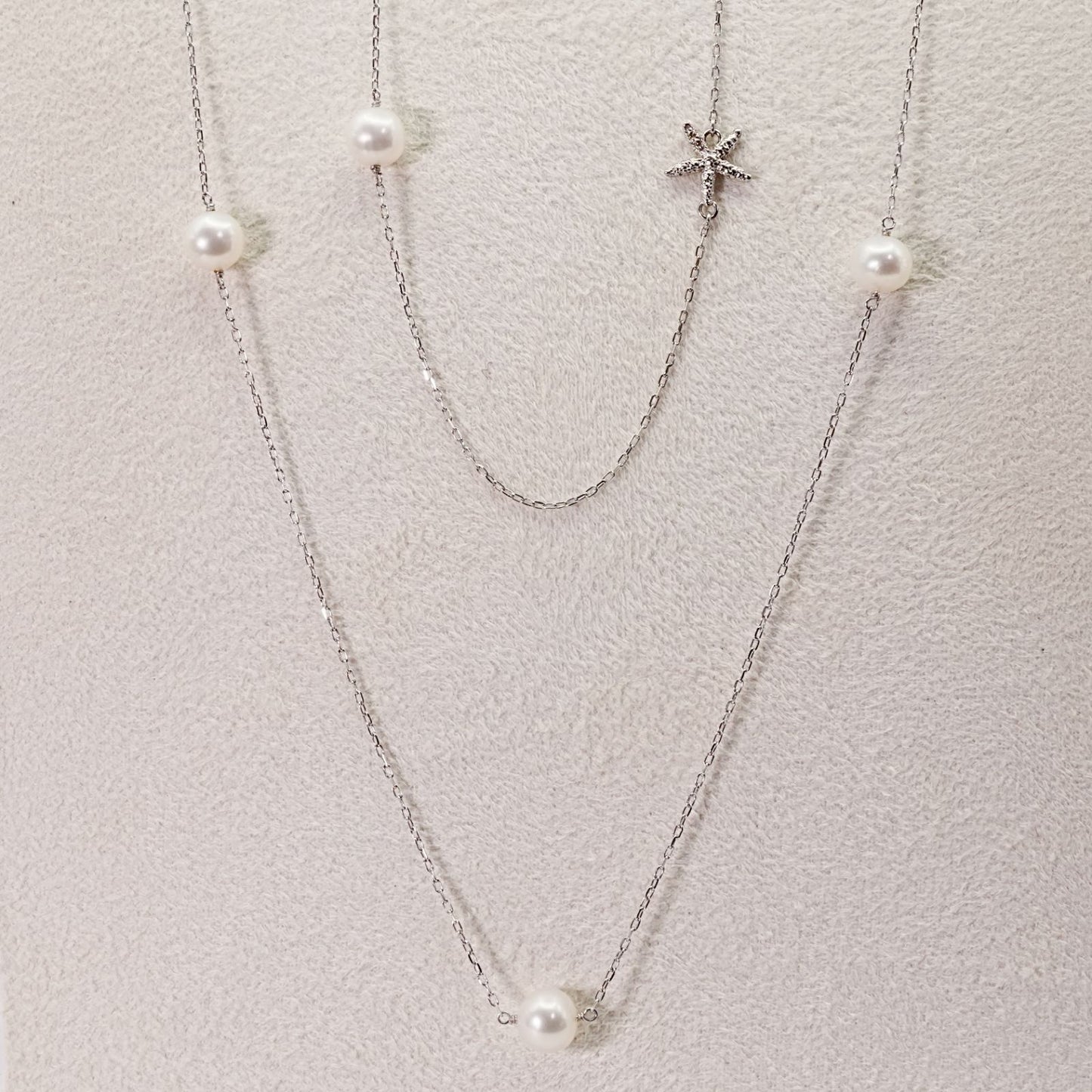 Rare Agete K10 white gold long pearl necklace with a 0.01ct diamond, approximately 100cm in length