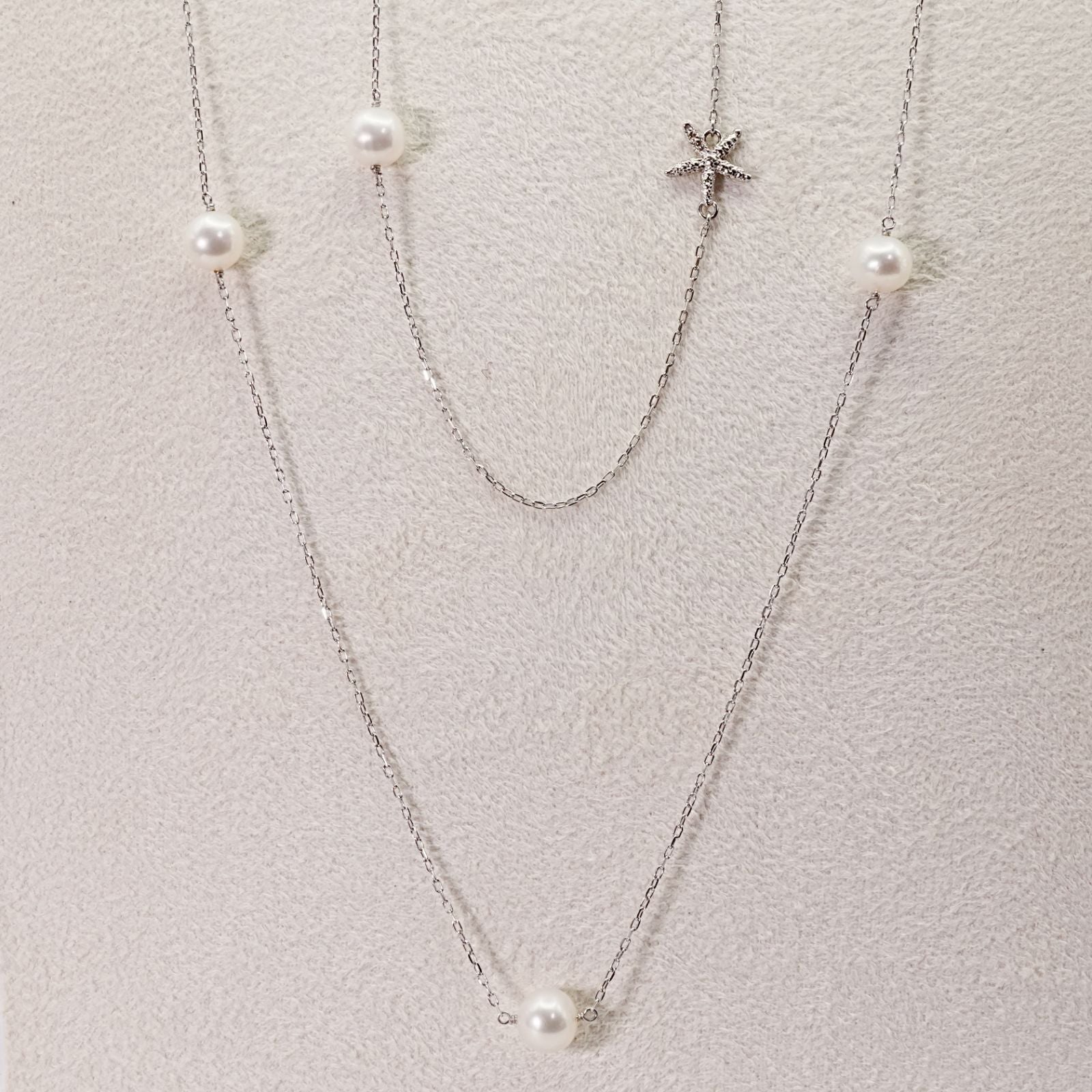 Rare Agete K10 white gold long pearl necklace with a 0.01ct diamond, approximately 100cm in length
