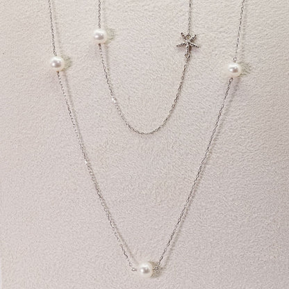 Rare Agete K10 white gold long pearl necklace with a 0.01ct diamond, approximately 100cm in length