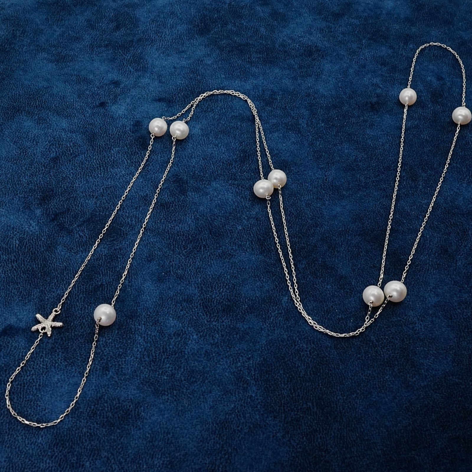 Rare Agete K10 white gold long pearl necklace with a 0.01ct diamond, approximately 100cm in length
