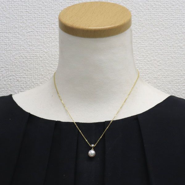 Mikimoto K18YG necklace with Akoya pearl and diamond pendant measuring approximately 14.7 mm height