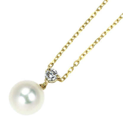 Mikimoto K18YG necklace with Akoya pearl and diamond pendant measuring approximately 14.7 mm height