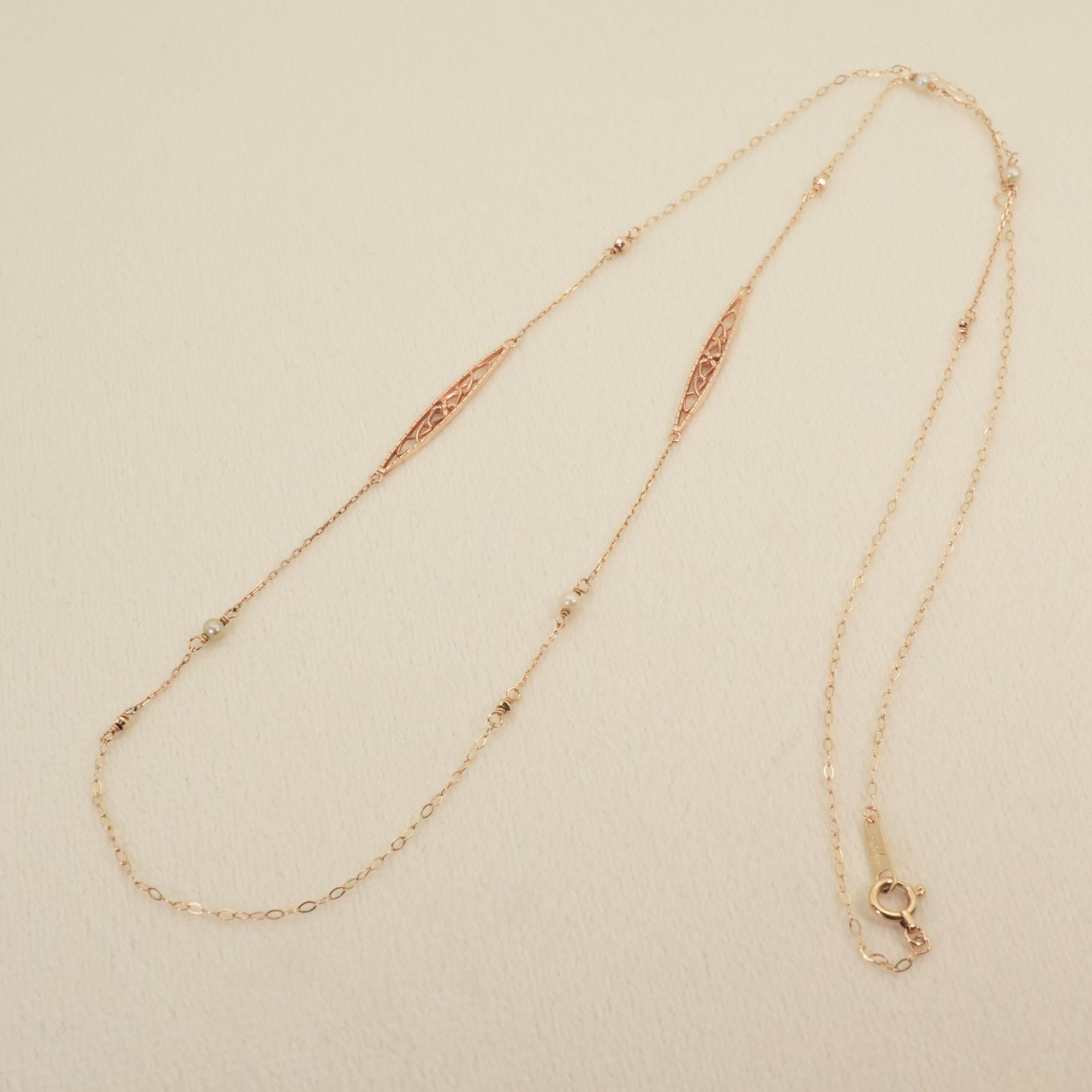 Agete K10 openwork chain necklace with natural pearls, size detailed in image, model 26-1535