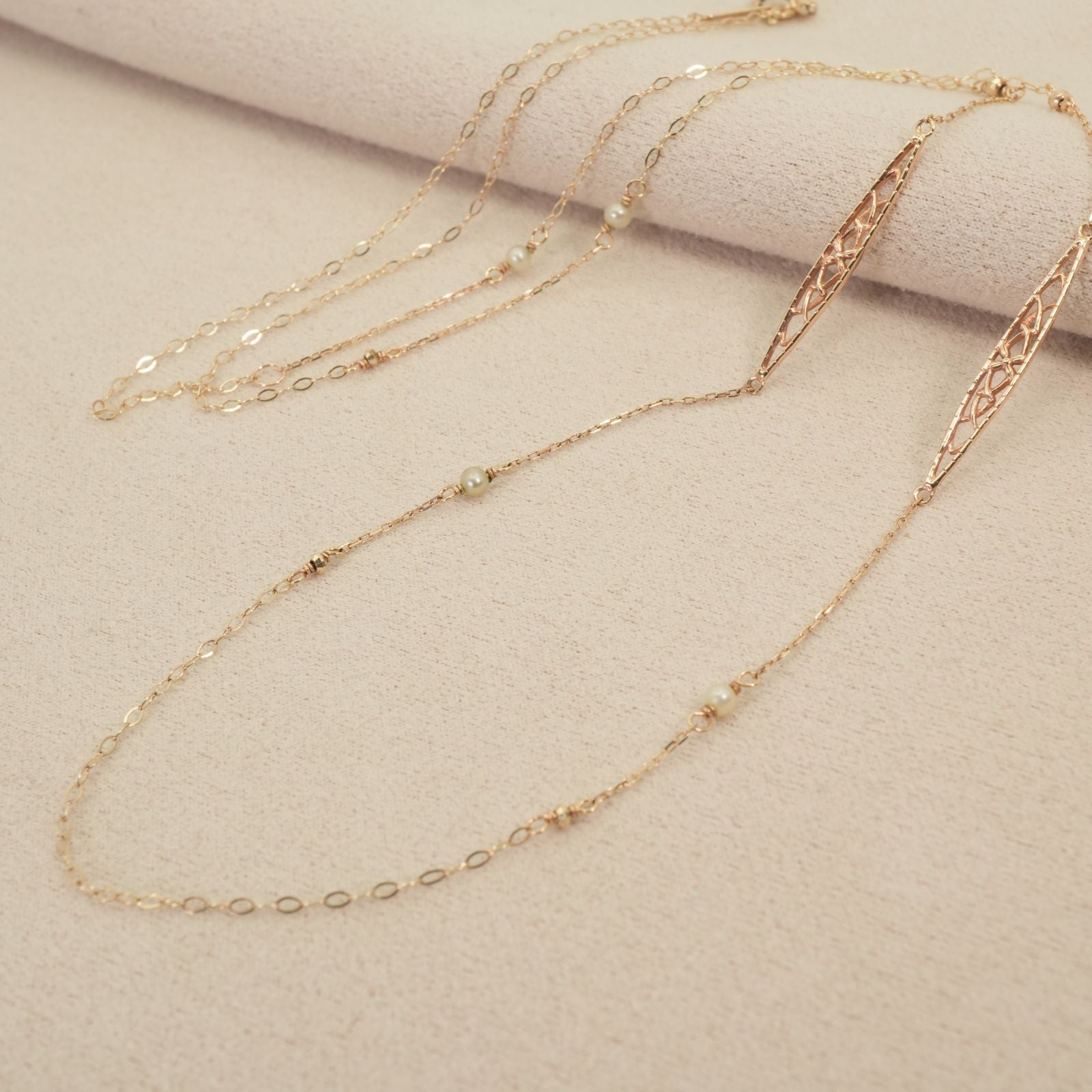 Agete K10 openwork chain necklace with natural pearls, size detailed in image, model 26-1535