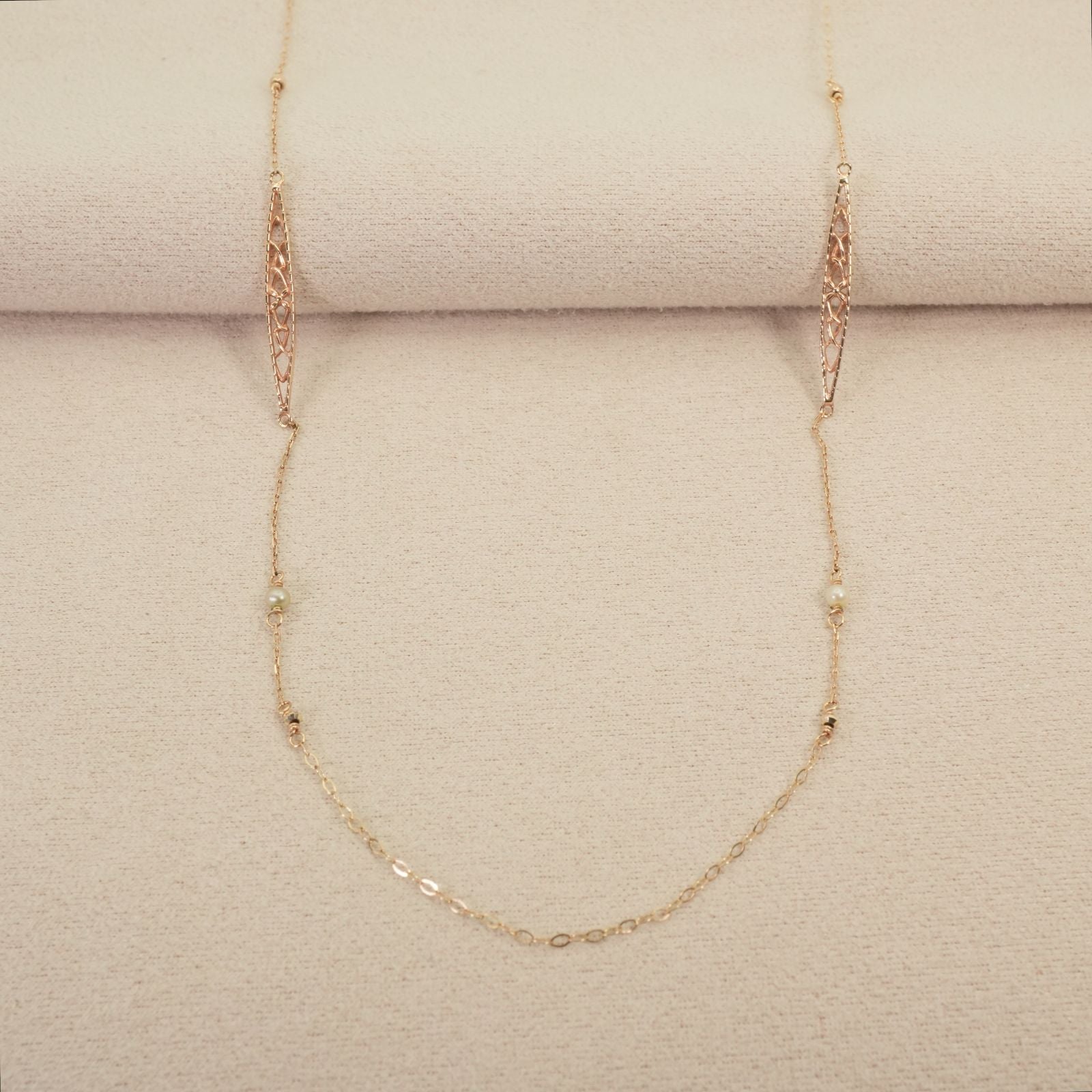 Agete K10 openwork chain necklace with natural pearls, size detailed in image, model 26-1535