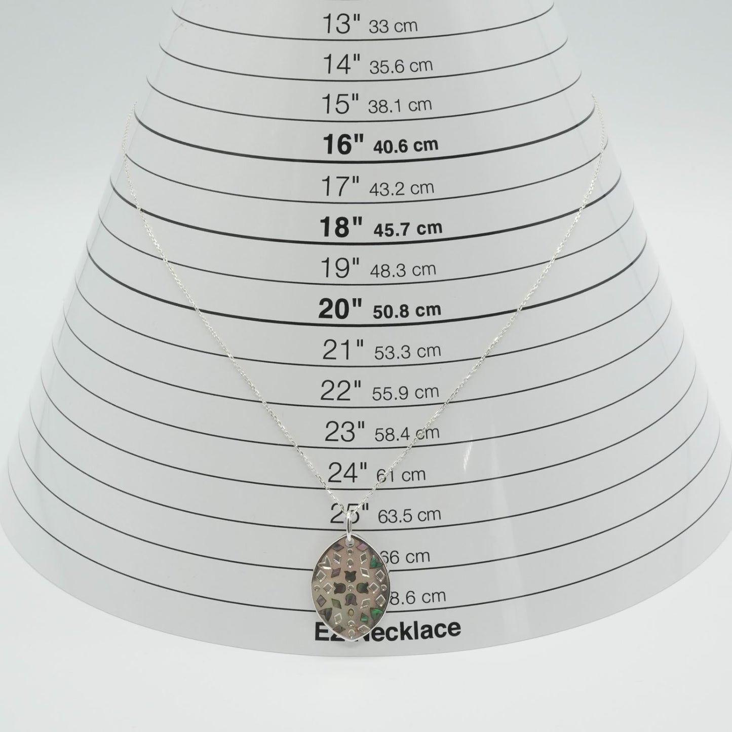 Agate Silver Shell Oval Marquis SV Necklace with silver and shell detail, worn look, displayed on white background