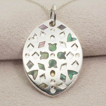 Agate Silver Shell Oval Marquis SV Necklace with silver and shell detail, worn look, displayed on white background