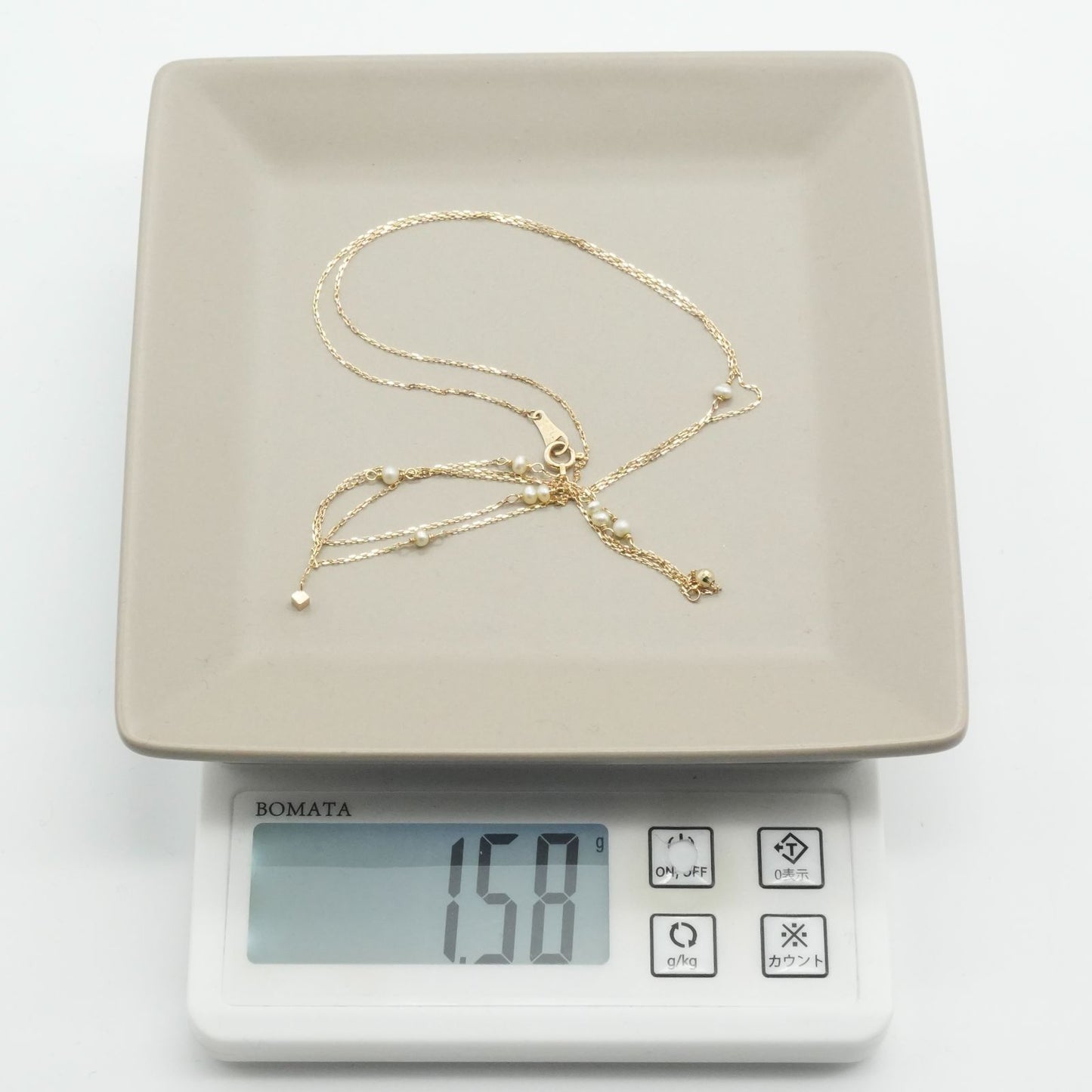 Agete Y-shaped long necklace made of K10 gold with freshwater pearls, clean and polished