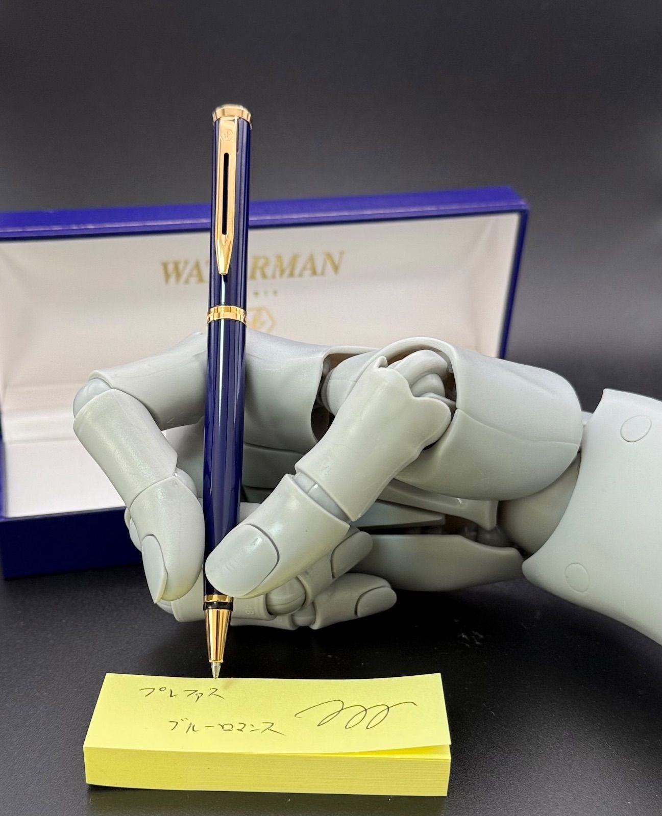 Waterman Preface ballpoint pen with blue romance design and hexagonal motif on cap, shown with case