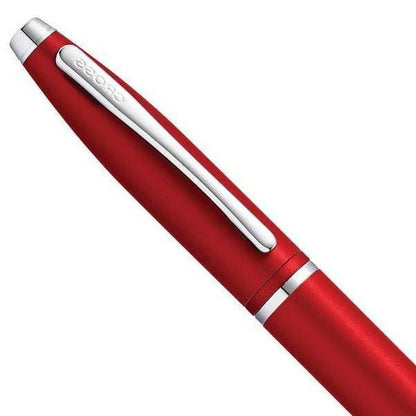 Cross Kurei ballpoint pen in midnite blue and red with chrome plated cap and tip, twist mechanism, and brass body