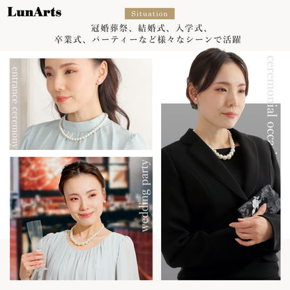 LunArts 2-row pearl necklace paired with matching pearl stud earrings on a white background
