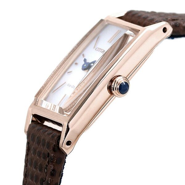 Citizen Ladies Kii Eco-Drive watch EG7044-06A with silver dial, pink gold stainless steel case, and brown calf leather band