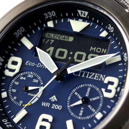 Citizen Promaster Land 35th Anniversary limited model watch JV1006-51L with black and blue dial and silver stainless steel band