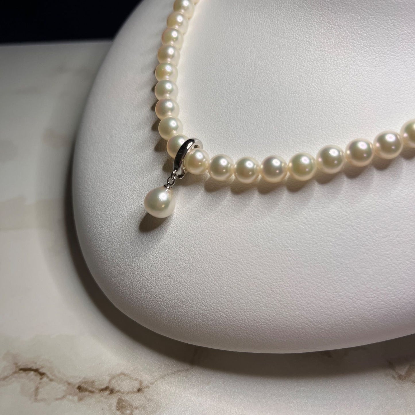 Akoya genuine blue pearl necklace featuring 6.0-6.5mm pearls with silver drop-shaped clasp at 42cm length