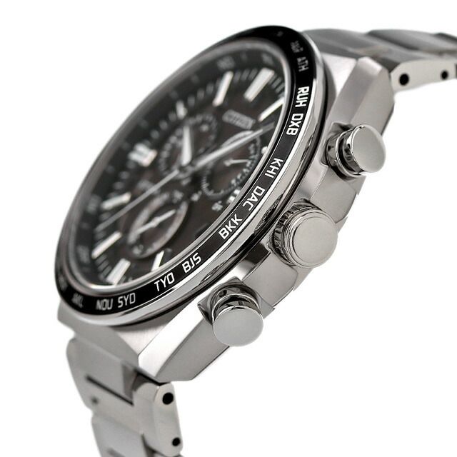 Citizen Attesa Eco-Drive radio-controlled watch with black dial and silver super titanium band