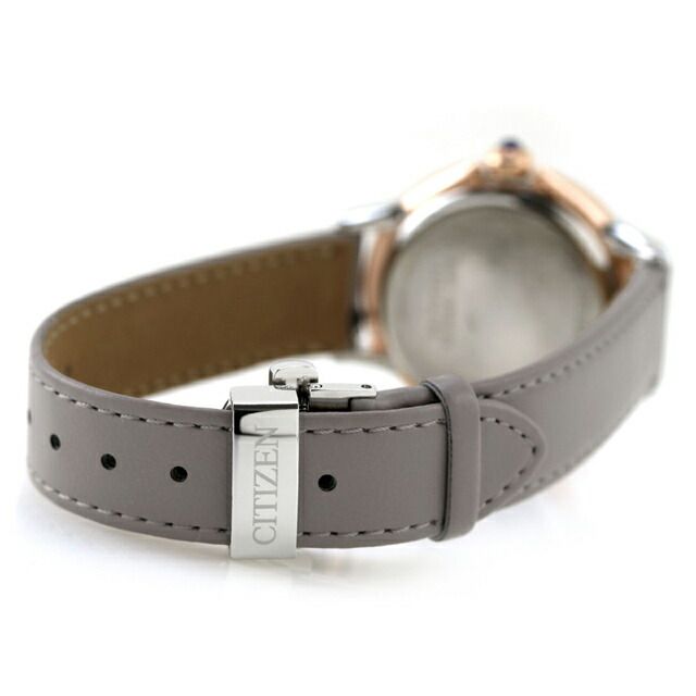 Citizen L ladies watch EM1166-01Z with gray dial, pink gold stainless steel case, and gray synthetic leather band