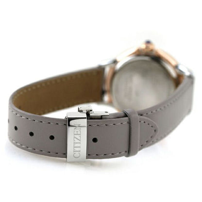 Citizen L ladies watch EM1166-01Z with gray dial, pink gold stainless steel case, and gray synthetic leather band
