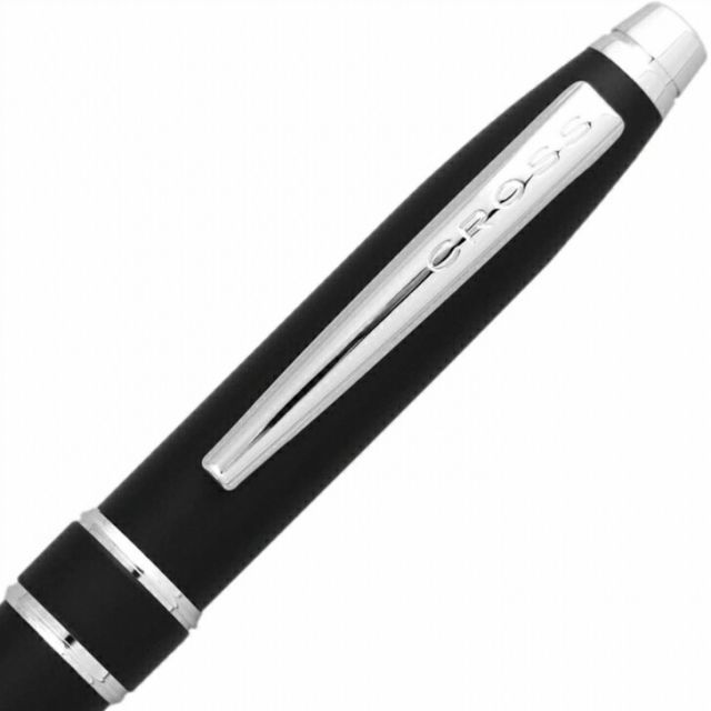 CROSS Strafford Satin Black ballpoint pen with brass body and chrome coating shown on white background