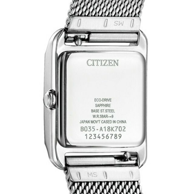 Citizen EW5590-62A ladies wristwatch with white square dial, silver stainless steel mesh band, and stainless steel case